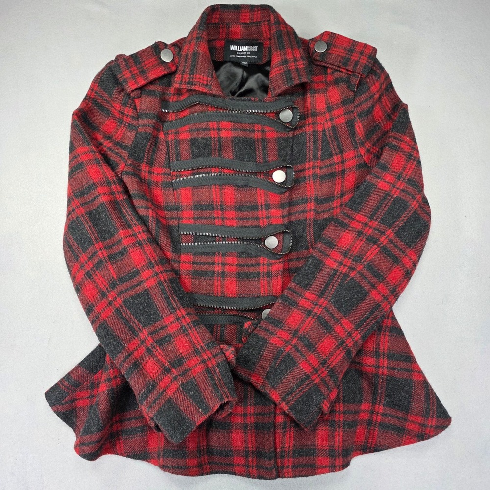 William Rast Red Black Plaid Military Peplum Jacket Womens Medium Wool Blend